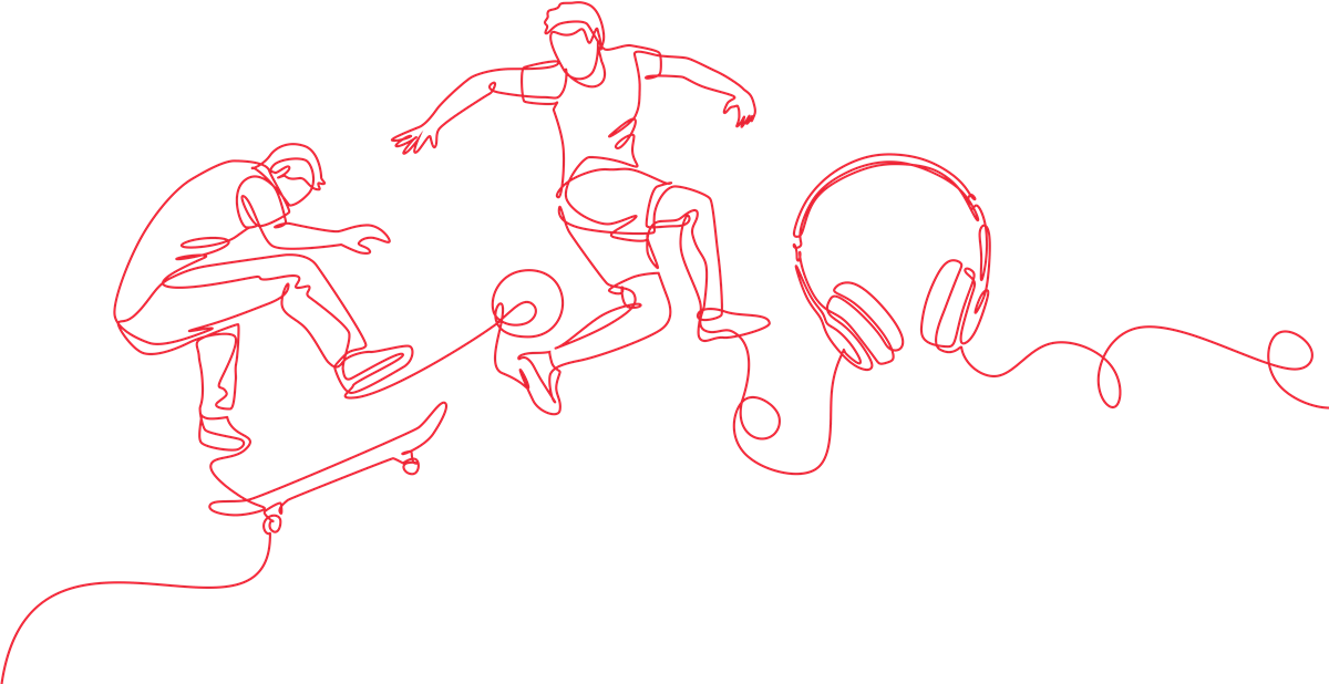 Illustrert collage med skateboard, fotball og høyreklokkker - Klikk for stort bilete